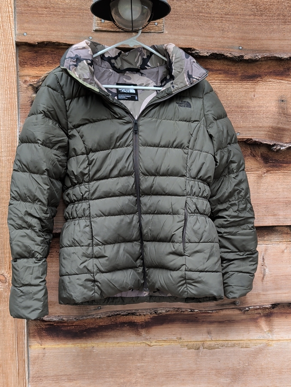 The North Face Women’s Olive Green Down Puffer Jacket with Camo Interior